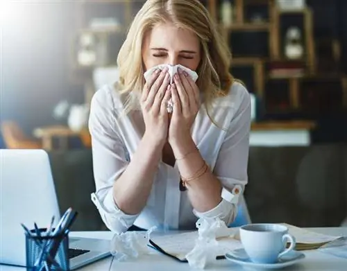 iStockЖенщина сидит за столом с простудой и сморкается