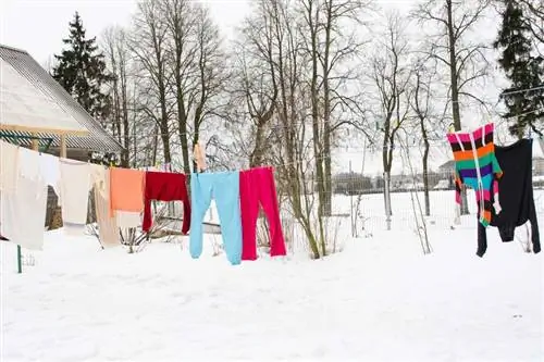 Бельевая веревка несет красочную одежду в зимнюю погоду