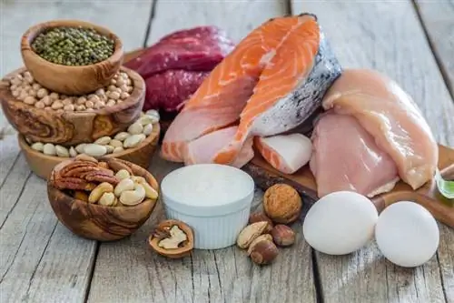 Продукты с высоким содержанием белка на деревянном столе