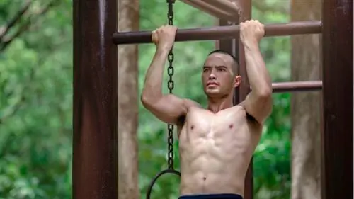 мускулистый человек без рубашки на открытом воздухе, выполняющий подтягивания