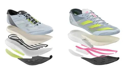 Деконструкция кроссовок Adidas Boston 12 и Adidas Adizero Adios 8: показаны отдельные верх, межподошва, энергетический стержень и элемент подошвы.