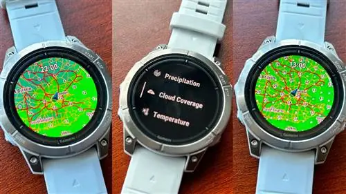 Составное изображение трех экранов Garmin Epix 2 Pro, показывающее карту с наложением температуры; экран меню с текстовым чтением осадков, облачности и температуры; и карта с наложением ветра