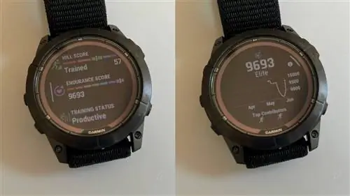 Состоит из двух фотографий Garmin Fenix 7 Pro, на которых показаны экраны показателей выносливости. На одном показан результат вместе со счетом на подъеме и анализом тренировок, на другом показан линейный график изменения результата с течением времени.