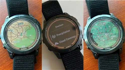 Состоит из трех изображений Garmin Fenix 7 Pro, на которых показаны наложения погоды. На двух изображениях показаны наложенные карты информации о ветре и температуре, на другом - экран меню с текстом, наложенный на облачный покров с осадками.