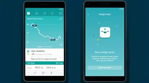Приложение Fitbit, показывающее диаграмму веса и целевой вес Приложение Fitbit, показывающее диаграмму веса и целевой вес
