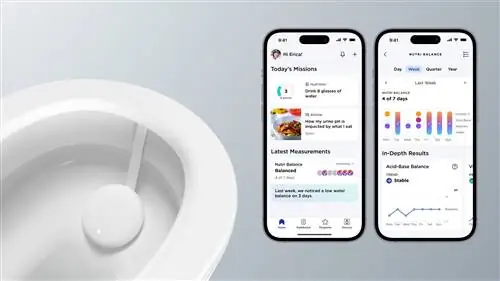 Withings U-Scan в туалете рядом с двумя смартфонами, на которых показаны скриншоты приложения