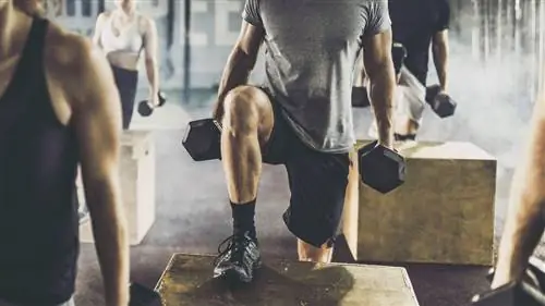 Группа людей, выполняющих подъемы с гантелями