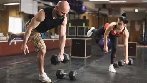 Мужчина и женщина выполняют румынскую становую тягу на одной ноге с гантелями