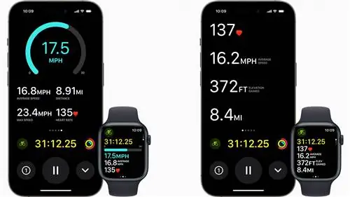 Две пары Apple Watch Series 8 и iPhone, отражающие показатели езды на велосипеде из приложения для тренировок.