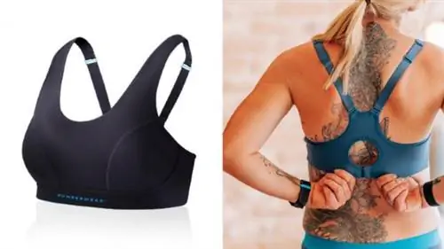 Оригинальный бюстгальтер для бега Runderwear, черный бюстгальтер, вид спереди, вид сзади на модель с застежкой синего цвета.