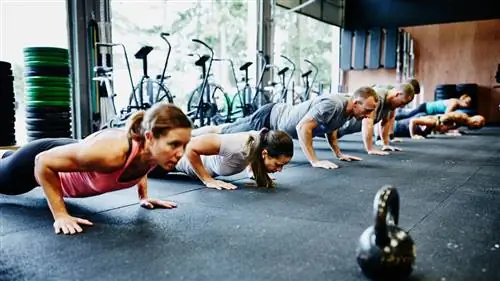 Группа людей в очереди делает отжимания