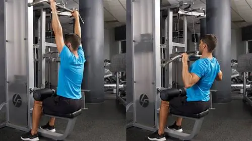 Мужчина демонстрирует начальное и среднее положение упражнения на тягу широчайших мышц.