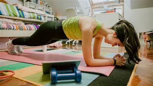 Женщина выполняет упражнение на планке дома